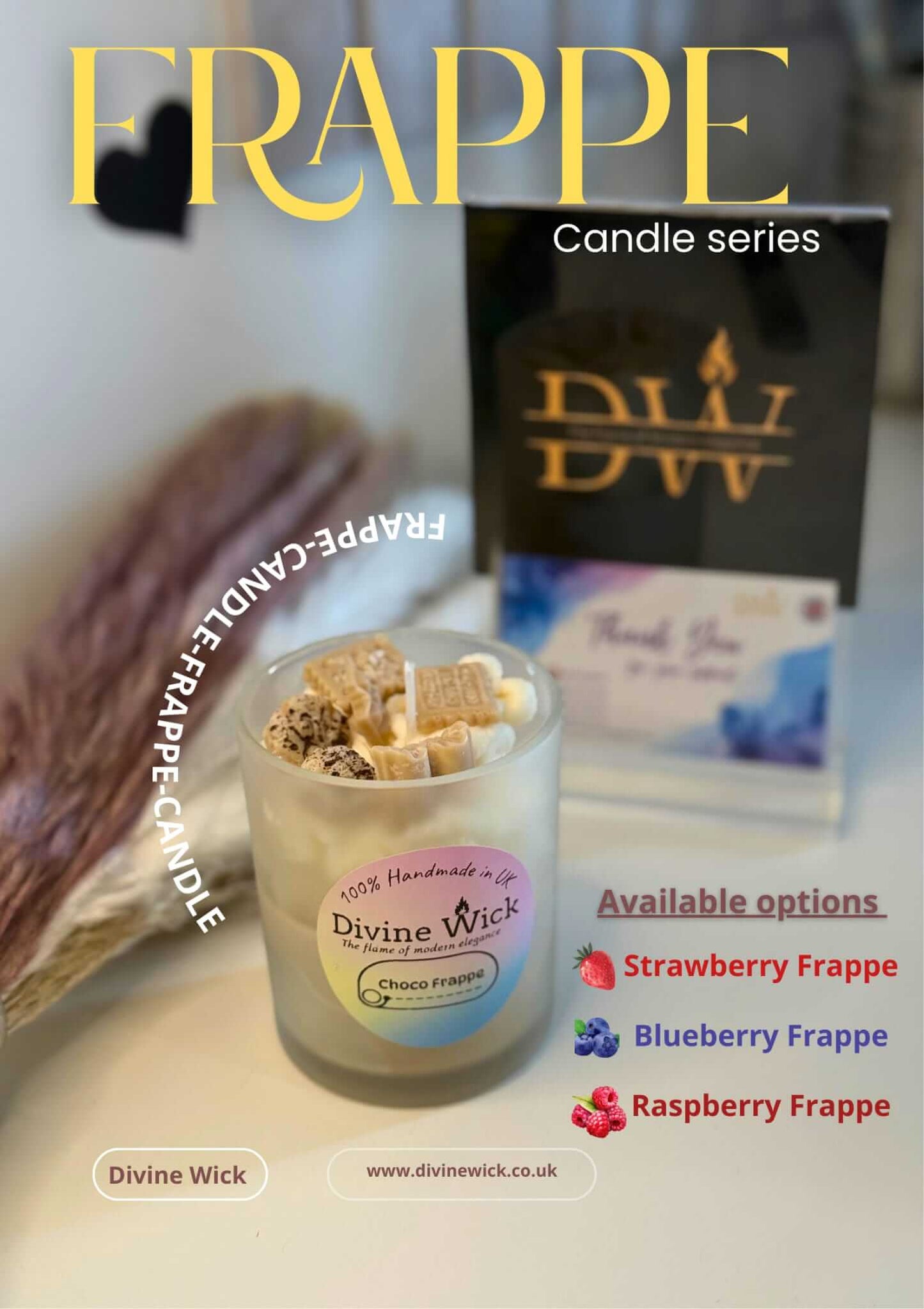 Frappe candle series showcasing Chocolate Frappe, with options for Strawberry, Blueberry, and Raspberry Frappe.