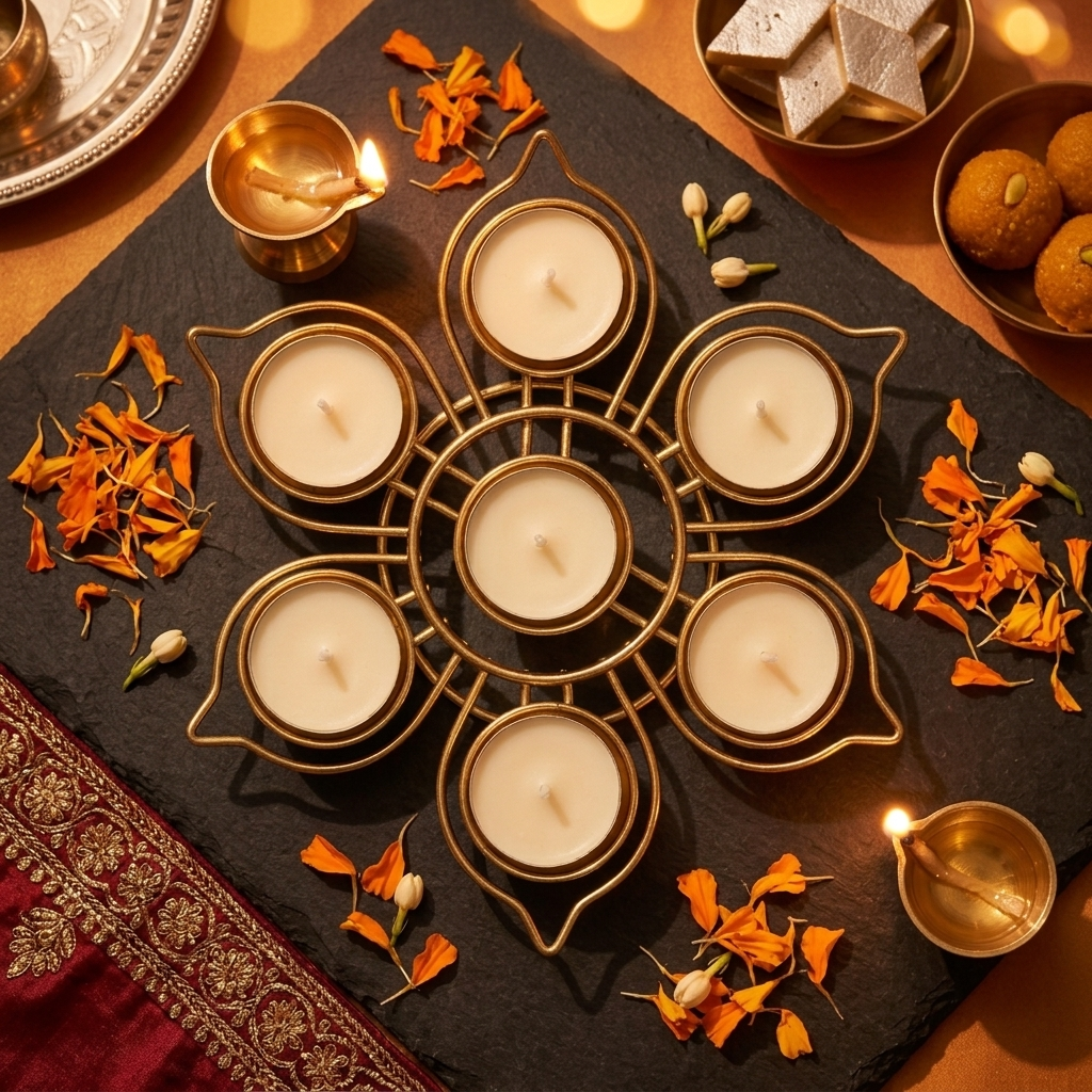 Golden Lotus Tealight Holder with 9 Tealights – Diwali Gift Hamper