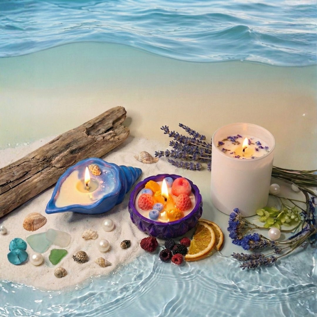 Handmade scented candles with coastal and meadow designs UK