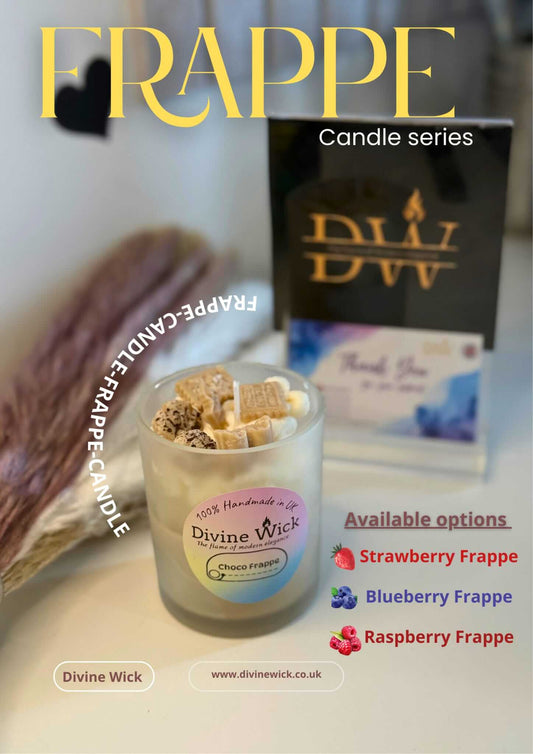 Frappe candle series showcasing Chocolate Frappe, with options for Strawberry, Blueberry, and Raspberry Frappe.