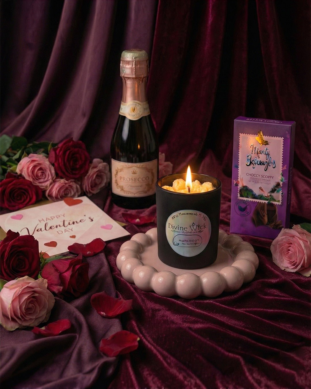 Romantic candle hamper with chocolate and greeting card