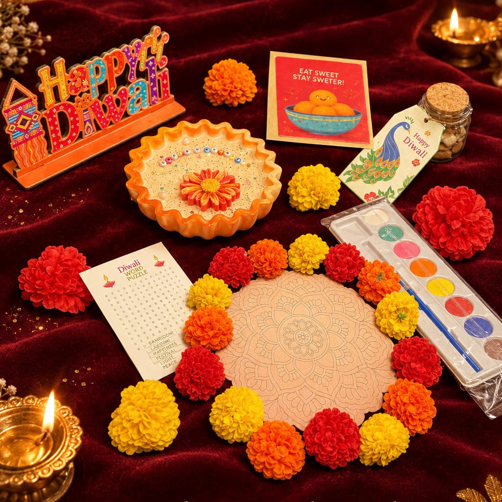 Divine Wick Diwali set arranged on a dark red velvet surface with lit oil lamps, marigold garlands, a decorative plate, a colorful 'Happy Diwali' sign, a card, a paint palette, and branded packaging. Visible brands include Divine Wick and the Shubh Diwali text. Diwali gifts, Diwali hampers