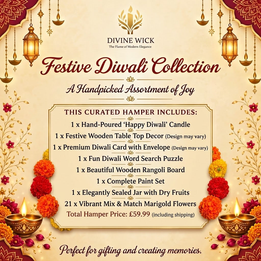 Promotional graphic for the Divine Wick Festive Diwali Collection, featuring a list of included items such as a hand-poured 'Happy Diwali' candle, wooden table decor, a diwali card, a word search puzzle, a wooden rangoli board, a paint set, and marigold flowers. The design has a warm cream background decorated with traditional Indian motifs, including hanging lanterns, marigold flowers, and lit oil lamps.