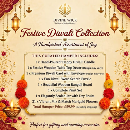 Promotional graphic for the Divine Wick Festive Diwali Collection, featuring a list of included items such as a hand-poured 'Happy Diwali' candle, wooden table decor, a diwali card, a word search puzzle, a wooden rangoli board, a paint set, and marigold flowers. The design has a warm cream background decorated with traditional Indian motifs, including hanging lanterns, marigold flowers, and lit oil lamps.