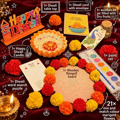 A festive Diwali-themed product collage on a dark red fabric background, showing multiple included items: a painted rangoli board, marigold flowers, a Diwali card, candles, a wooden table top, a wooden lid jar with dry fruits, a paint set, and a word search puzzle. Text callouts identify each item and the brand Divine Wick is visible at the top.