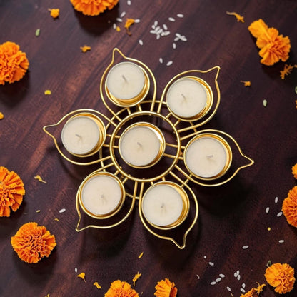 Golden Lotus Tealight Holder with 9 Tealights – Diwali Gift Hamper