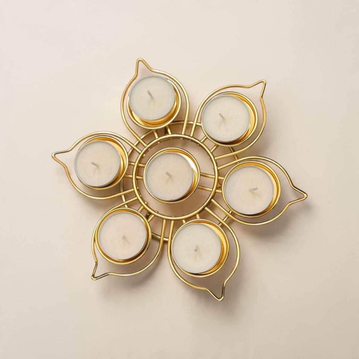 Golden Lotus Tealight Holder with 9 Tealights – Diwali Gift Hamper