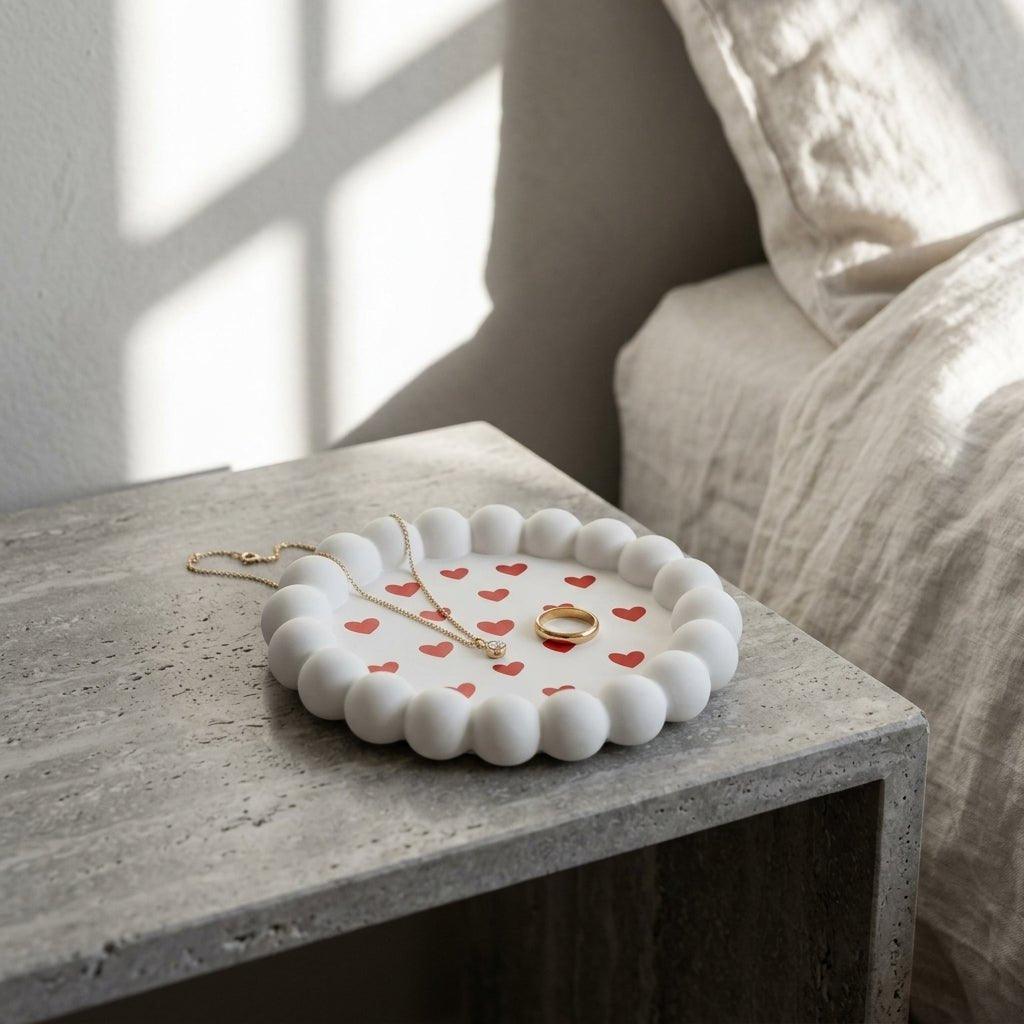 Handmade candle tray with sphere-lined rim design