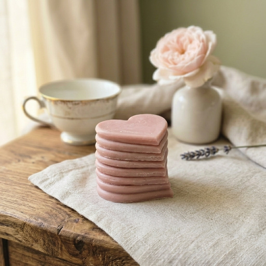 Heart-shaped handmade wax melts in red and pink colours
