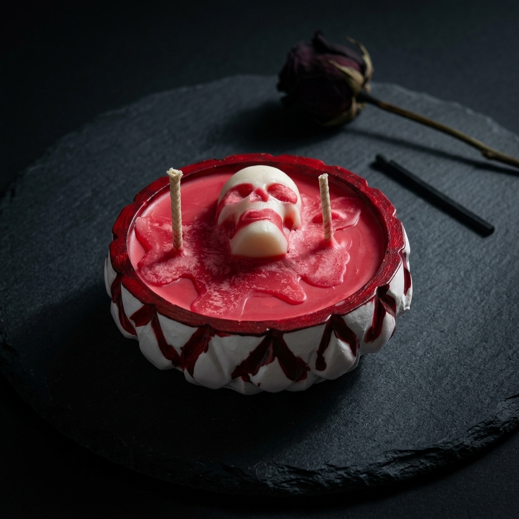 A round Halloween-style candle with a red wax body, white ruffled rim, and a raised skull figure on top.