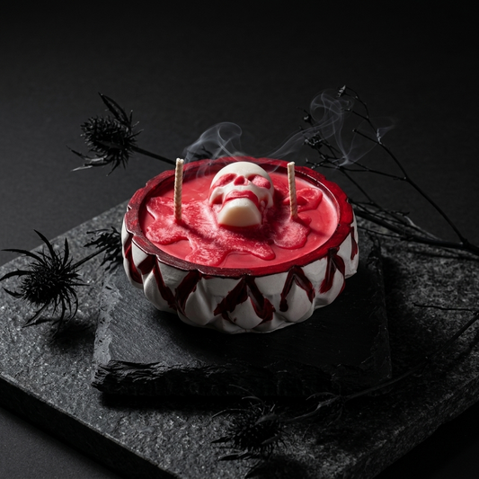 A Halloween-themed skull candle in a white and red bowl 