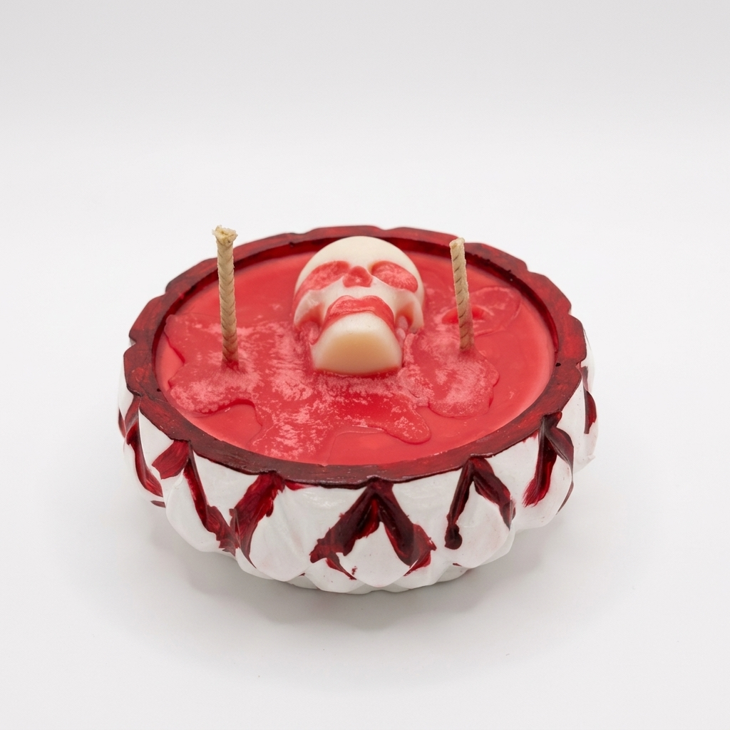 A Halloween-themed candle with a red wax base, a skull-shaped wick holder in the center, and two upright wicks, set in a white and red decorative base against a plain white background.
