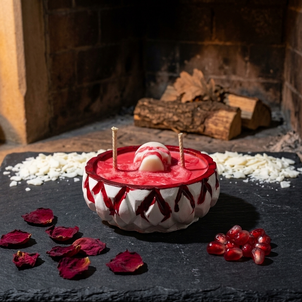 A red and white patterned candle with two wicks sits on a dark stone surface in front of a fireplace, surrounded by rose petals, pomegranate seeds, and white flakes.