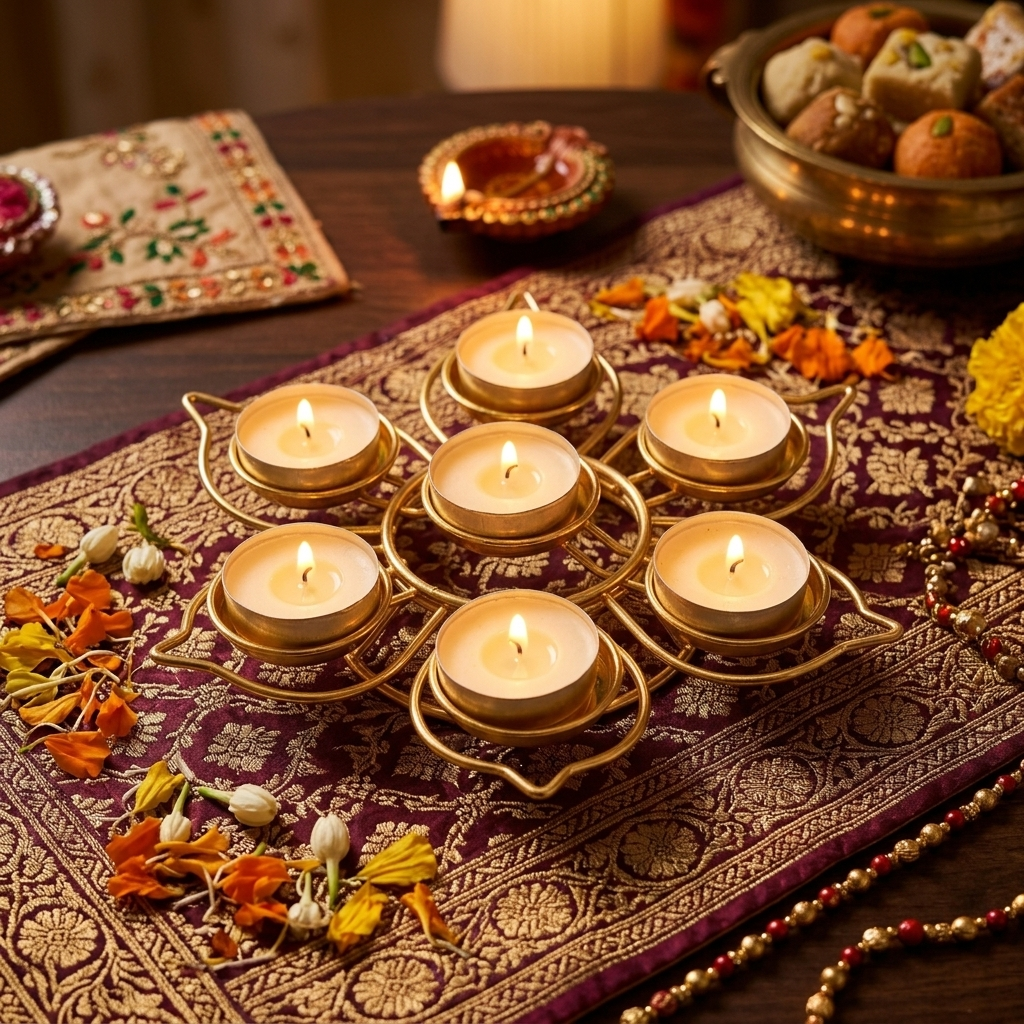 Golden Lotus Tealight Holder with 9 Tealights – Diwali Gift Hamper